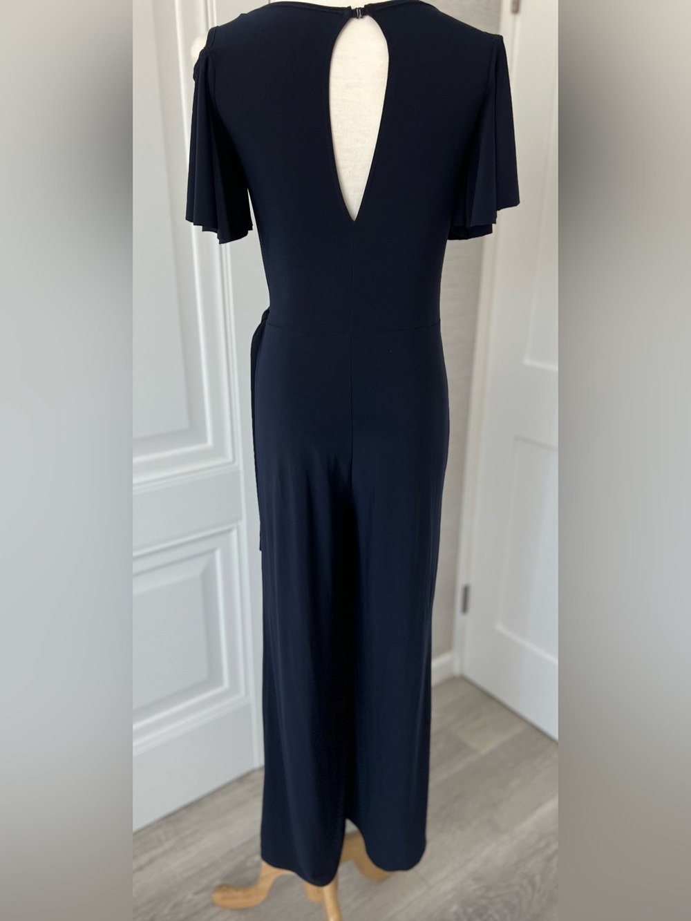Ballroom Smooth Latin Practice wear Cold-Shoulder pantsuit with waist tie in Nav - Picture 9 of 11